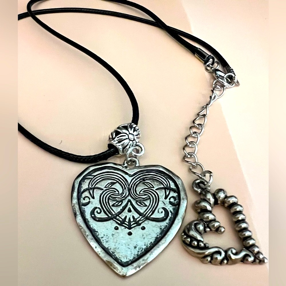 Melancholia Swirly & Silvery Large Heart Pendant on a Black Corded Necklace